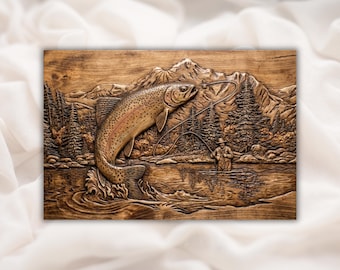 Jumping Rainbow Trout 3D Relief STL | Fly Fishing Mountain River Scene | CNC Router Wood Carving Wall Art | Father's Day Fly Fisherman Gift
