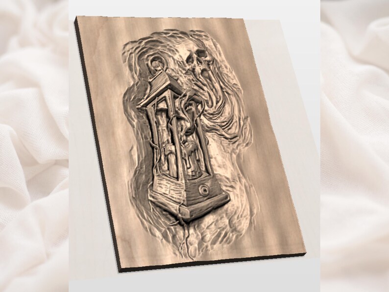 May include: A detailed, carved wooden panel featuring a gothic lantern design. The lantern is intricately carved with a skull and flowing, ethereal elements. The artwork is in shades of brown and beige, creating a vintage aesthetic.