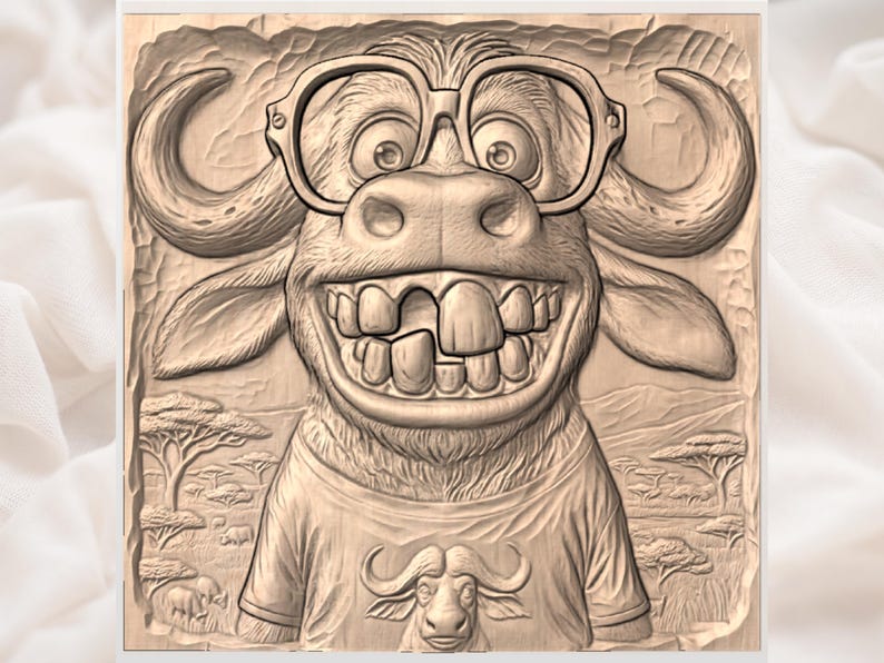 Puede incluir: Panel de madera tallada que representa un b&uacute;falo de dibujos animados con gafas y una camiseta. El b&uacute;falo tiene una gran sonrisa con dientes. El fondo representa un paisaje de sabana con &aacute;rboles y animales. El panel es de madera clara.
