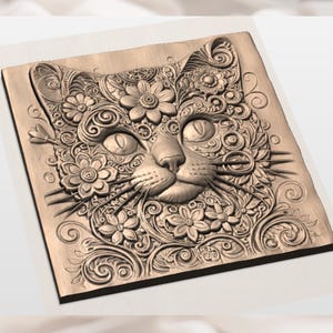Ornate Floral Cat 3D Relief STL view 2
