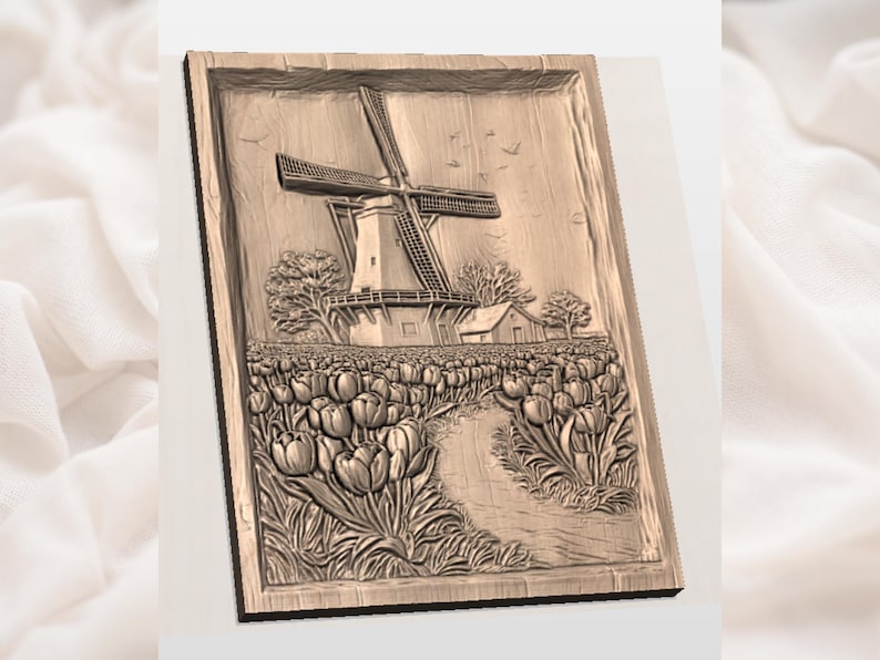 May include: Wooden relief carving depicting a Dutch windmill, a small house, and a field of tulips. The artwork is framed and has a natural wood tone. A path leads through the tulips towards the windmill.