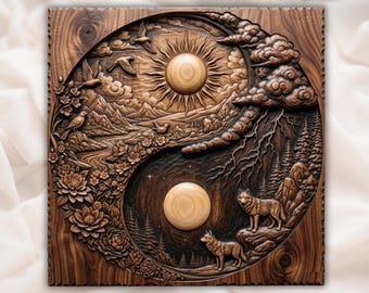 May include: A square, wooden carving featuring a Yin and Yang design. The top half depicts a sunlit landscape with birds, while the bottom half shows wolves in a forest. The carving is detailed with flowers and clouds.