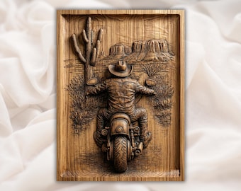 Western Cowboy Biker 3D STL File | CNC Router Relief Desert Scene Cactus | Motorcycle Man Cave Wall Decor | Wood Carving Style Panel