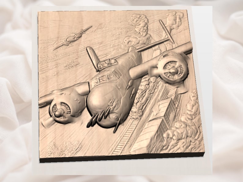 May include: A wooden relief carving depicting a vintage airplane in flight, with detailed propellers and a cityscape below. The artwork is in shades of brown and beige, showcasing a historical aviation theme.