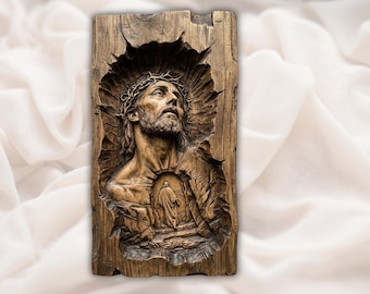 Jesus Sacred Heart Relief STL | CNC Router 3D Carving Model | Christ Crown of Thorns Wood Grain Bas Relief Panel | Christian Wall Art