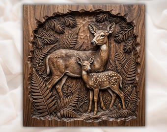 May include: A square wooden wall plaque featuring a detailed relief carving of an adult deer and a spotted fawn standing among carved fern leaves. The artwork is crafted from dark brown wood with a natural grain and textured background details.