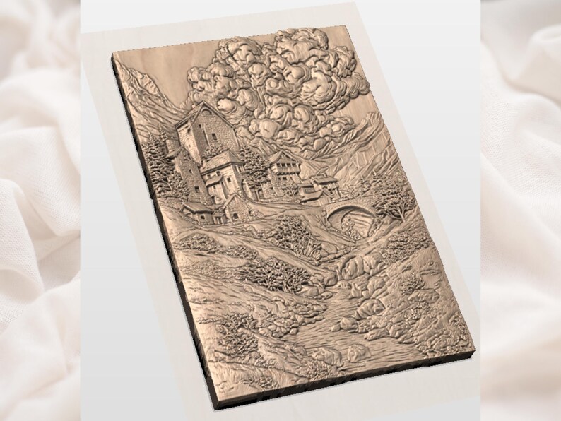 Medeltida slottsby 3D-relief STL | Bergsbro, flodlandskap, väggkonst | CNC-router 3D-utskrift, lasergraveringsfil bild 3