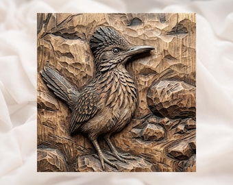 Road runner fågel redo att snidas i STL | Panel med ökendjursscen | CNC-fräs träsnideri | western ranch fågel | Lodgedekor