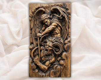 Archangel vs Demon 3D Relief STL File | Saint Michael Devil Slayer CNC Carving | Gothic Christian Wall Art STL | 3D Print & Laser Engraving