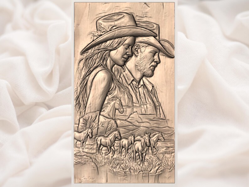 May include: A detailed relief carving showing a couple in cowboy hats, with a herd of horses in the foreground and a desert landscape in the background. The artwork is in shades of brown, creating a rustic and romantic scene.