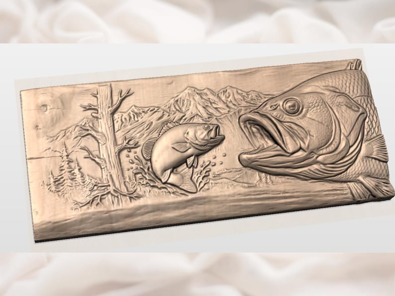 May include: A rectangular, wooden relief carving depicting a large fish with an open mouth, facing a smaller fish leaping from the water. The background features a mountain range, trees, and water, all carved in a detailed, naturalistic style.