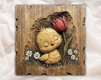Lindo pollito STL 3D en relieve / Pollito con tulipán, archivo de tallado CNC / Panel decorativo de granja de Pascua / Arte de pared tallado en madera en relieve