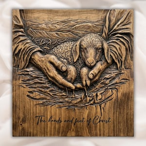 Hands of Christ With Lamb 3D Relief STL view 1