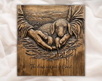 Kristi händer med lamm 3D-relief STL | CNC-fräs träsniderifil | Kristen religiös väggkonstpanel | God herde-dekor