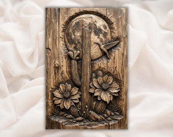 Hummingbird Cactus Moon 3D Relief STL File | Desert Floral Wood Grain CNC Carving | Western Wall Art | 3D Print & Laser Engraving