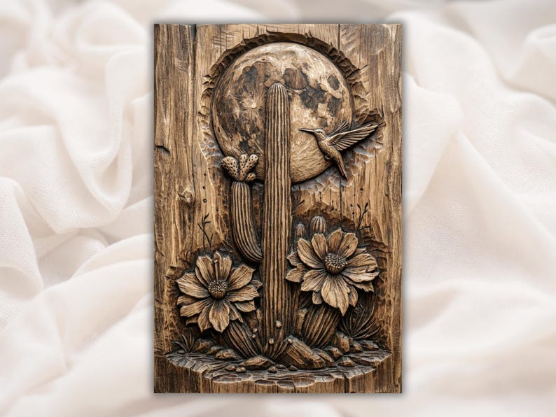 Hummingbird Cactus Moon 3D Relief STL File