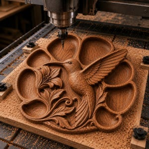 May include: A circular wooden serving tray featuring a carved hummingbird and floral design, with multiple recessed compartments. The tray is positioned under a CNC machine spindle, showing detailed wood grain and intricate relief carvings.