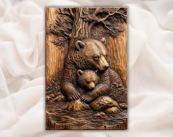 Archivo STL 3D de familia de osos / Relieve de osezno con fresadora CNC / Panel de tallado en madera estilo fauna silvestre del bosque / Decoración de pared de cabaña rústica