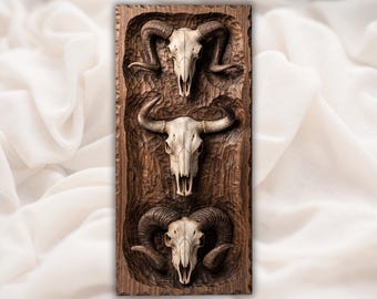 Western Skull Trio STL | Ram Skull Bull Skull CNC File | Rustic Wood Carving Relief Plaque | Longhorn Ranch Wall Art | Gothic Lodge Decor