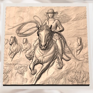 Cowgirl on Horse 3D Relief STL view 3