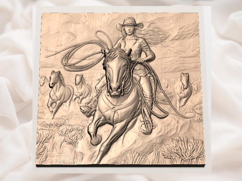May include: A detailed wood carving depicts a cowgirl riding a horse, with other horses running in the background. The cowgirl wears a hat and holds a lasso. The carving is in shades of brown and beige, with a textured, three-dimensional effect.