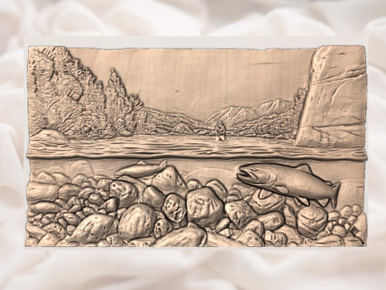 May include: A wooden relief carving depicting a serene fishing scene. The artwork showcases a river with a fisherman, mountains, trees, and a large fish. The carving is in shades of brown and tan, with detailed textures.