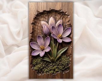 Lila krokusmodell | Blommig basrelief | Trädgårdsblommande konstverk | 3D-utskriftsfil | Träådringssnideri | Vårplakettdekor | Botanisk gåva