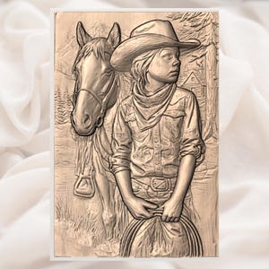 Cowboy Kid and Horse 3D Relief STL File view 2
