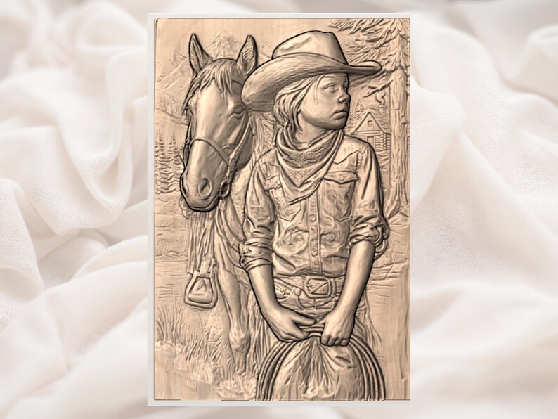 May include: A detailed wood carving depicts a young person in a cowboy hat and attire, standing beside a horse. The carving showcases the figure holding a rope, with a backdrop of trees and a small cabin. The artwork is in shades of brown.