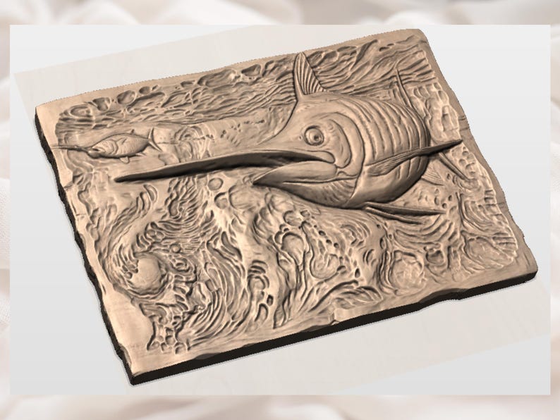 May include: A bronze-toned relief sculpture depicting a marlin in the sea. The artwork shows detailed carvings of the fish, waves, and a smaller fish. The rectangular piece has a textured surface, likely a decorative item for the home.