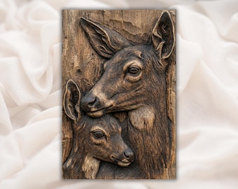 Jeleń i łania w reliefie 3D STL | Plik do rzeźbienia w drewnie z frezarką CNC | Panel ścienny z motywem dzikiej przyrody: matka i dziecko jelenia | Rustykalny wystrój domku letniskowego