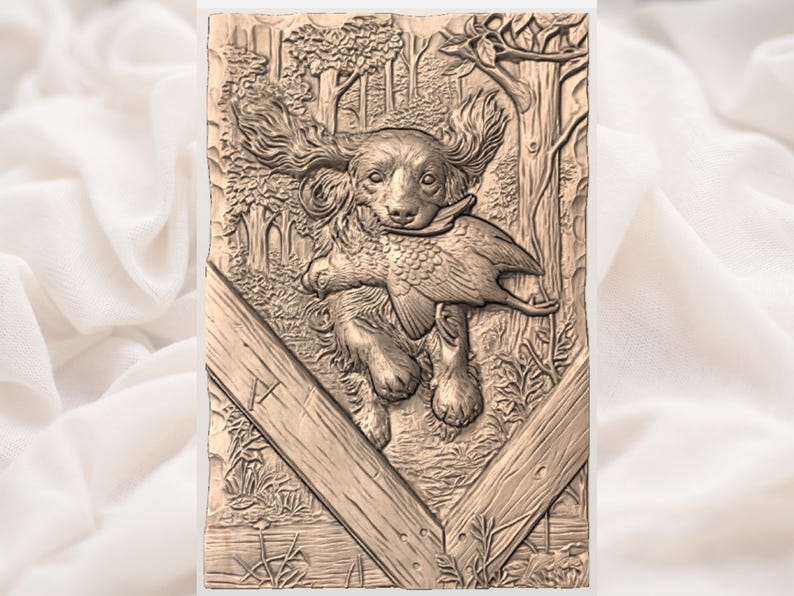 May include: A detailed relief carving shows a dog with a bird in its mouth, set in a forest scene. The artwork is in shades of brown, with textures and details of the dog's fur and the bird's feathers. The scene includes trees and a wooden fence.