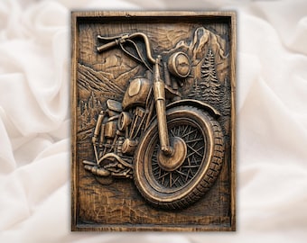Motorcycle 3D Relief STL | CNC Router Wood Carving File | Biker Mountain Forest Wall Art Panel | Vintage Bike Garage Decor
