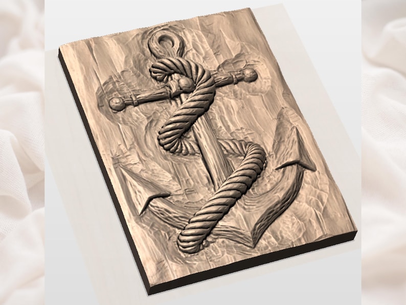 Ankare med rep 3D-relief STL-fil | Nautisk, maritim träådring CNC-snideri | Kustväggkonstpanel | 3D-utskrift och lasergravering bild 2
