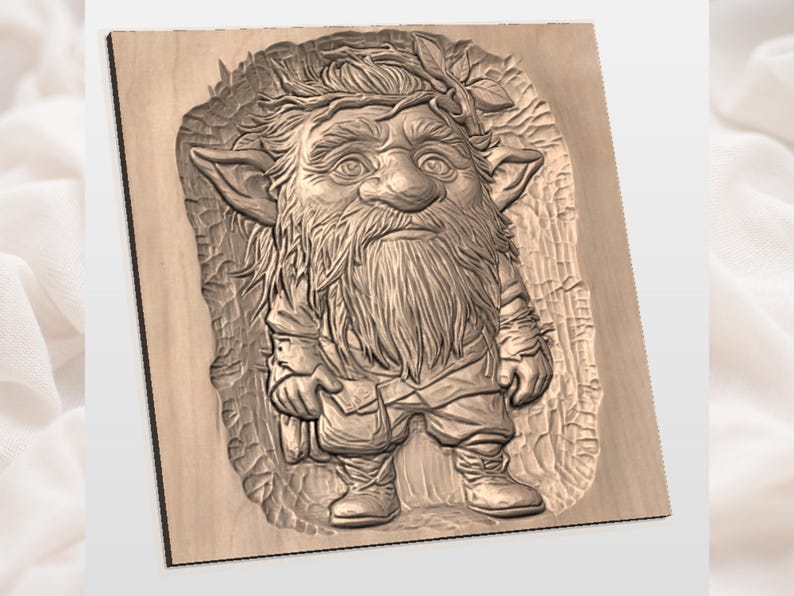May include: A wooden carving of a whimsical gnome with a long beard, wearing a hat of leaves, and holding a satchel. The carving is set on a rectangular wooden plaque with a textured background, showcasing detailed craftsmanship.