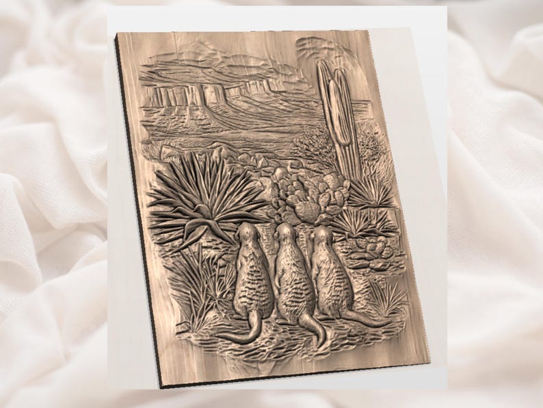 May include: A wooden relief carving depicting a desert scene with three meerkats. The artwork features a detailed landscape with cacti, desert plants, and rock formations. The meerkats are standing upright, observing their surroundings.