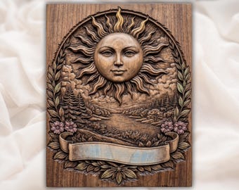 Painel de Arte de Parede Paisagem Celestial do Sol | Relevo Floral Lago na Montanha | Design CNC Aspire VCarve Pro Carveco ArtCAM