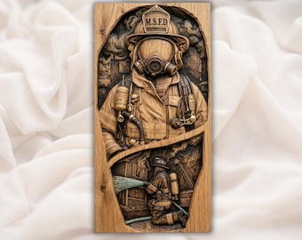 Firefighter Tribute STL | First Responder Relief | Hero Wall Decor | Rescue Scene Carving | Wood Grain Artwork | Memorial Plaque Design