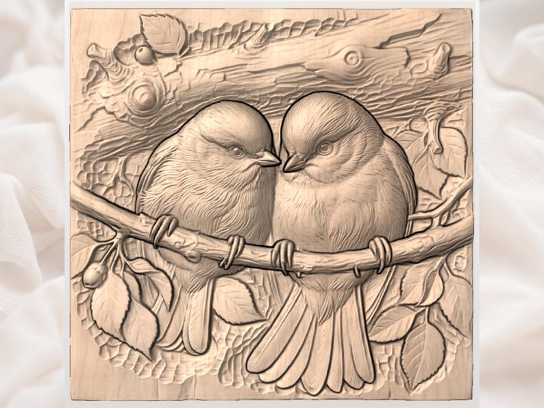 May include: A wooden relief carving of two birds perched on a branch. The birds are facing each other, with detailed feather textures. The background includes leaves and a textured tree trunk, all carved in a natural wood tone.