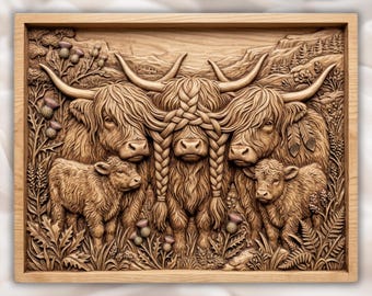 Highland Cow Family Thistle Scene 3D Relief STL | Rustic Farmhouse Wall Decor | CNC Router 3D Print