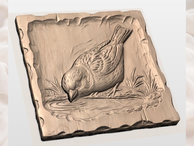 Sparrow Bird Relief STL | CNC Router 3D Carving Model | Songbird Drinking Water Wood Grain Bas Relief Panel | Rustic Nature Wall Art image 2