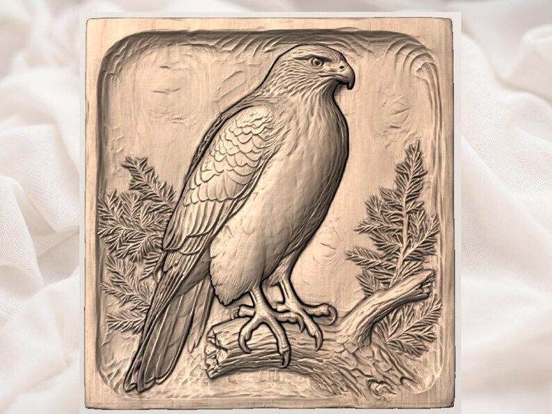 May include: A detailed relief carving of a hawk perched on a branch, set within a square wooden frame. The hawk is depicted with intricate feather details and stands out against the background of pine needles and a textured wood grain.