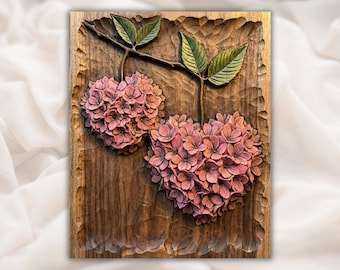 Hydrangea Heart Relief STL | CNC Router 3D Carving Model | Pink Flower Heart Wood Grain Bas Relief Panel | Valentine Wedding Wall Art