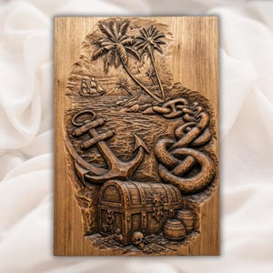 Peut inclure: Plaque en bois sculpté sur le thème des pirates. Le motif comprend une ancre, un coffre au trésor, une chaîne, des palmiers et un navire naviguant sur la mer. L'œuvre est dans les tons bruns et beiges.