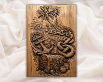 海賊の宝島 3D レリーフ STL | 錨ロープチェストスカルウッド CNC 彫刻 | 航海をテーマにした壁掛けアート | Aspire、VCarve Pro、Carveco、ArtCAM