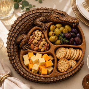 Pu&ograve; includere: Un vassoio da portata circolare in legno a forma di coccodrillo arrotolato con tre scomparti distinti. Il vassoio contiene un mix di noci, olive verdi e nere, cubetti di formaggio cheddar e cracker rotondi disposti nelle sezioni.