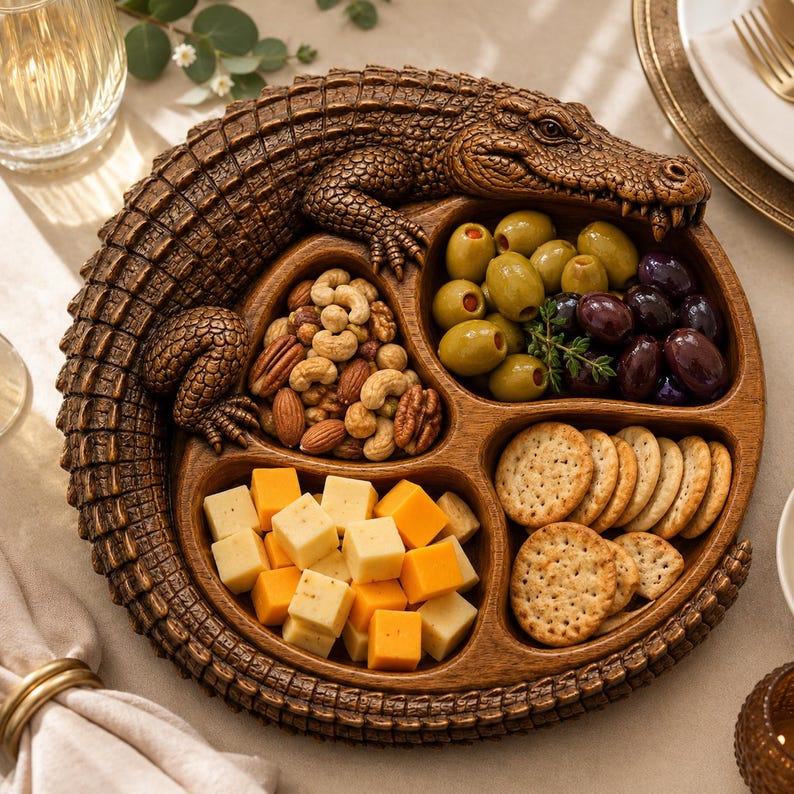 Pu&ograve; includere: Un vassoio da portata circolare in legno a forma di coccodrillo arrotolato con tre scomparti distinti. Il vassoio contiene un mix di noci, olive verdi e nere, cubetti di formaggio cheddar e cracker rotondi disposti nelle sezioni.