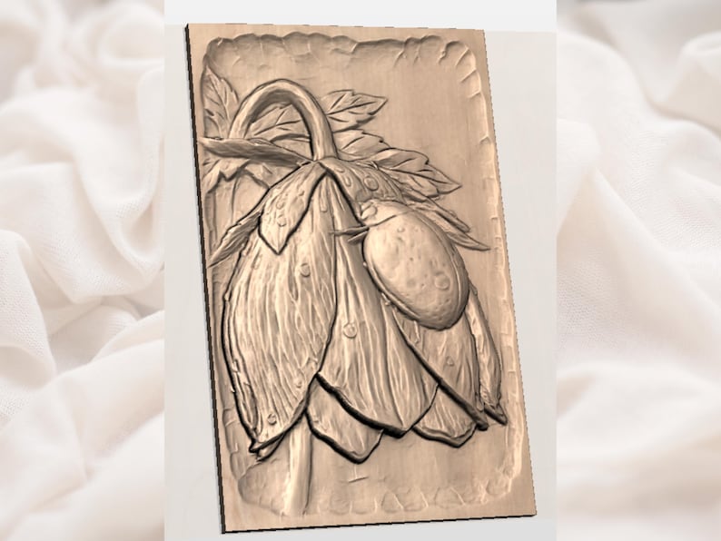 May include: A rectangular, bronze-colored relief carving of a stylized flower with large, textured petals and a curved stem. The carving includes detailed leaves and a prominent, oval-shaped element, possibly a seed pod or insect. The background is a soft, off-white fabric.