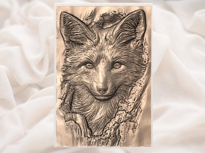 May include: A detailed relief carving of a fox's face, framed in a rectangular shape. The fox is depicted with intricate fur details and a focused gaze. The artwork is in shades of brown and tan, giving it a natural, earthy feel.