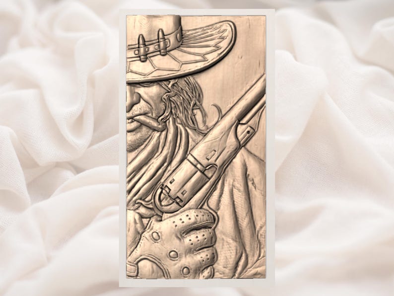 May include: A detailed relief carving of a cowboy, holding a revolver and wearing a hat. The artwork is in shades of brown and beige, with intricate details on the hat, gun, and clothing. The cowboy has a stern expression and a cigar in his mouth.